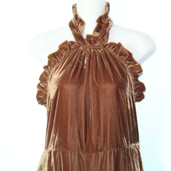 Kristinit Anthropologie Velvet Ruffle Halter Jumpsuit Copper Large H13128 - Picture 4 of 12